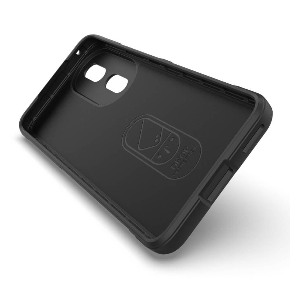 Coque de téléphone noire avec logo "DROP PROTECTION", vue intérieure.