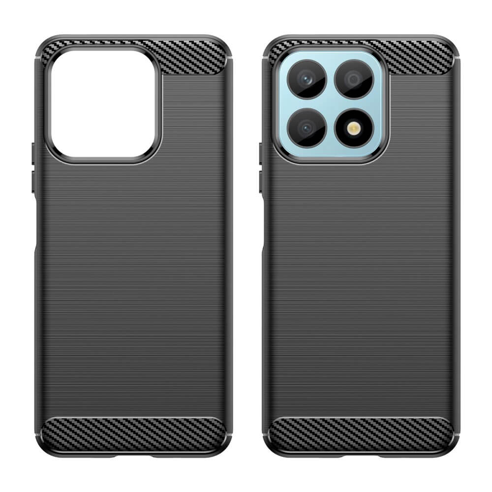 Deux coques de téléphone noires avec accents carbone. Une avec découpe caméra, une sans.