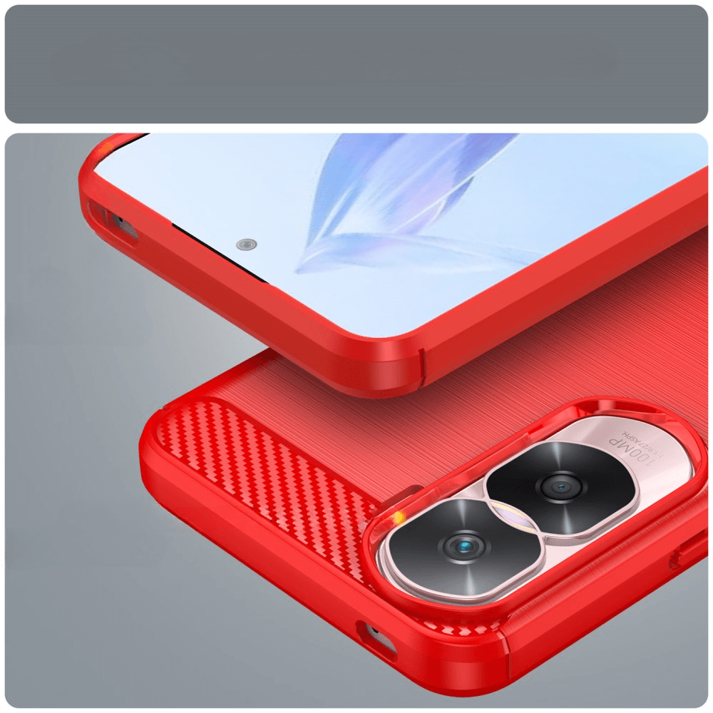 Coque de téléphone rouge texturée fibre de carbone avec découpe caméra.