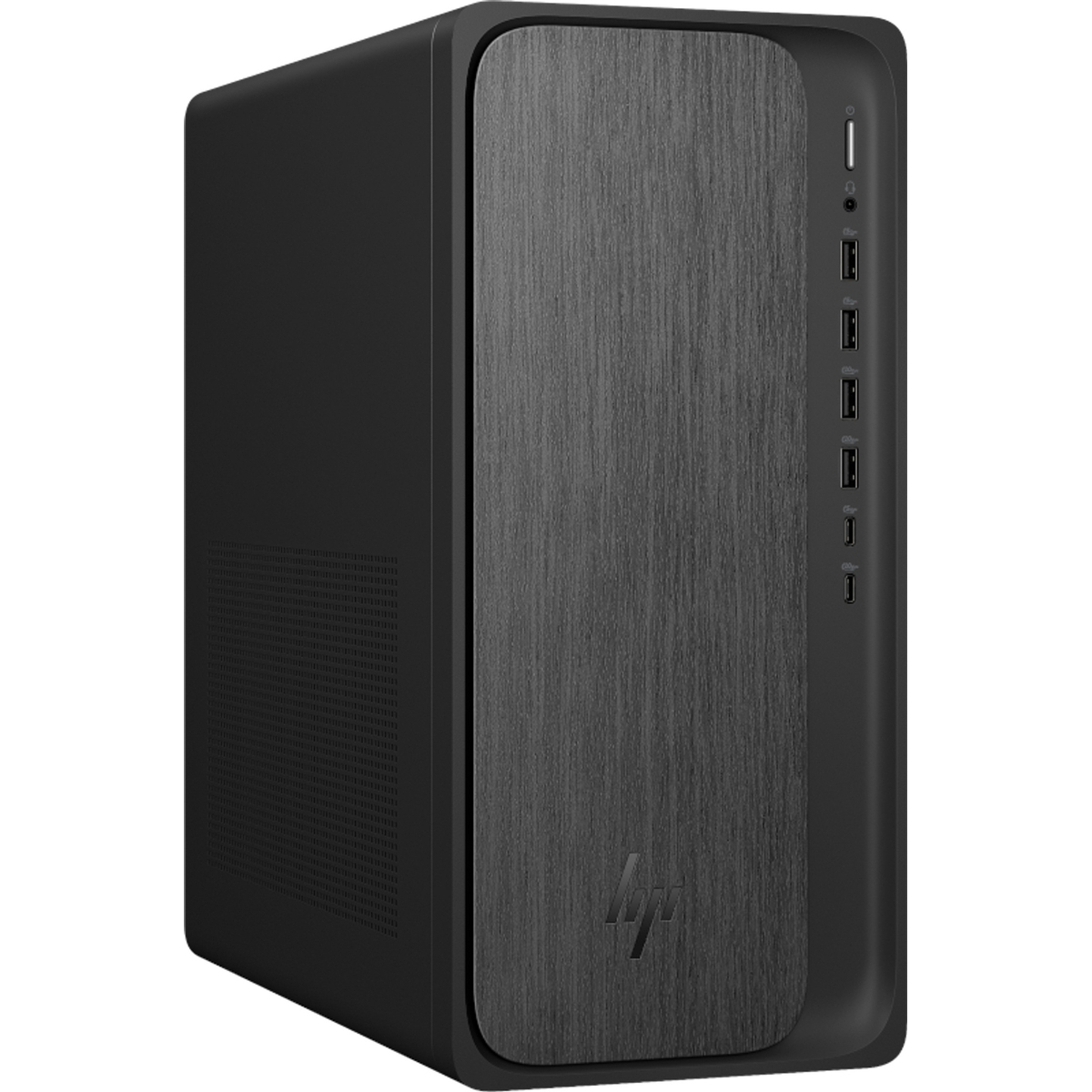 Ordenador de sobremesa negro con panel frontal cepillado y puertos laterales.
