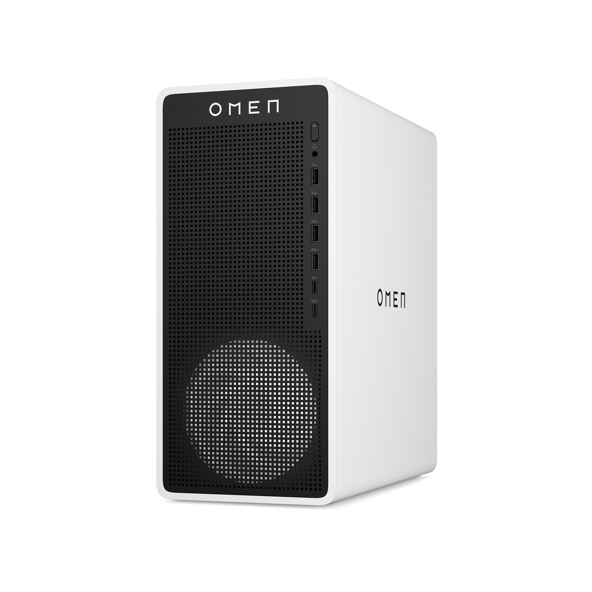 Una torre PC OMEN blanca con panel frontal negro, ventilaciones y puertos.