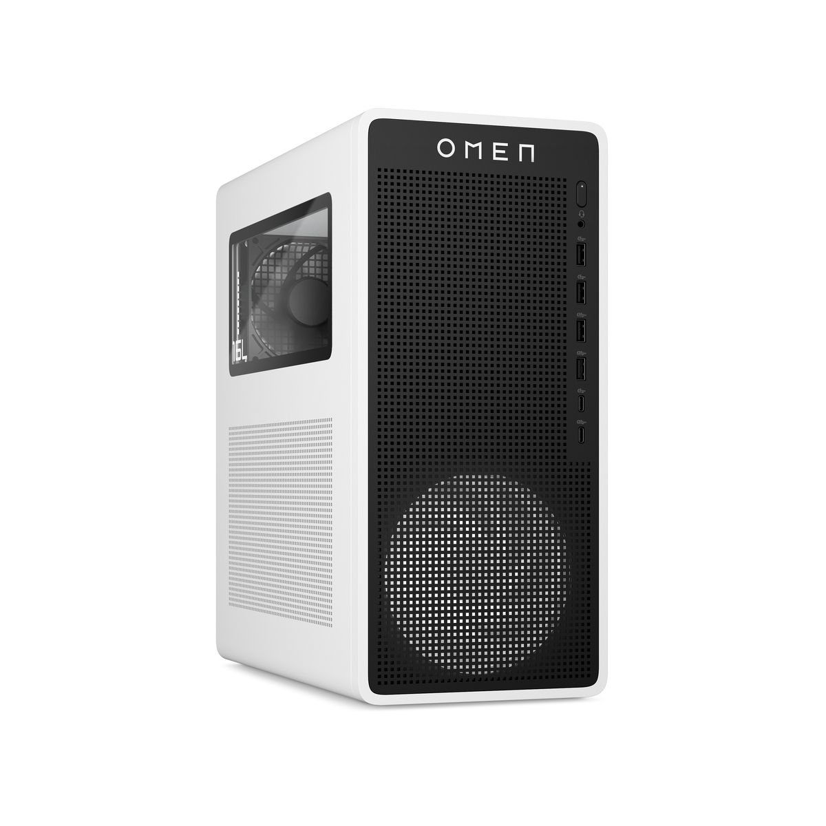 Un PC OMEN blanco con panel frontal, ventiladores y puertos negros.