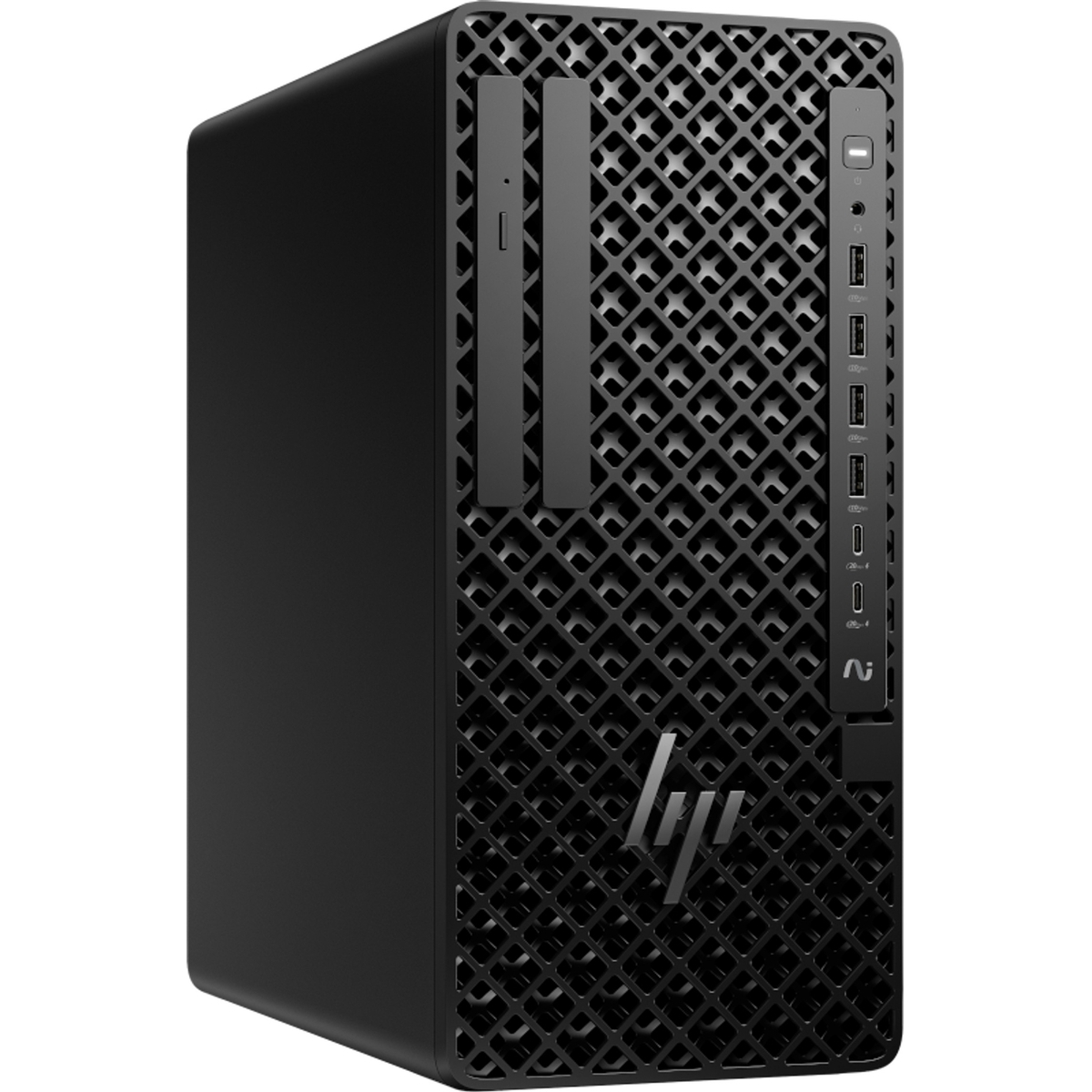 Torre de ordenador HP negra con panel frontal ventilado y puertos.