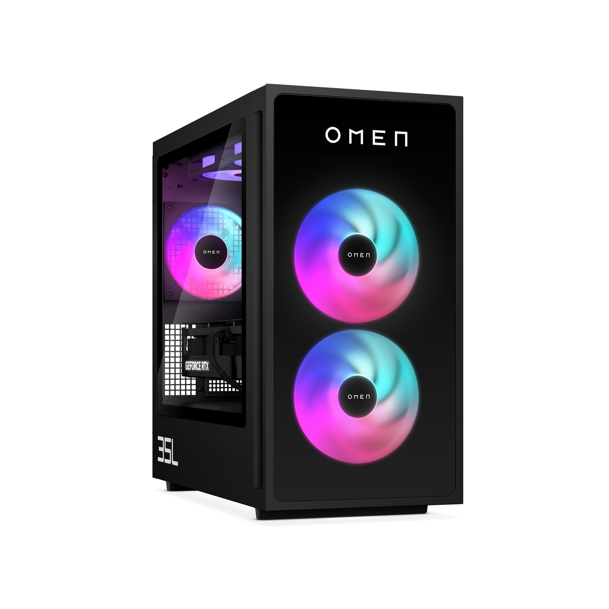 PC da gaming nero con ventole illuminate e finestra laterale.