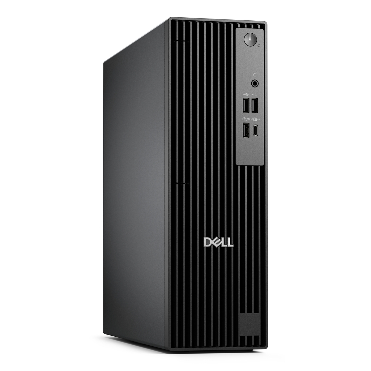 Un PC Dell negro con rejillas verticales y puertos frontales.