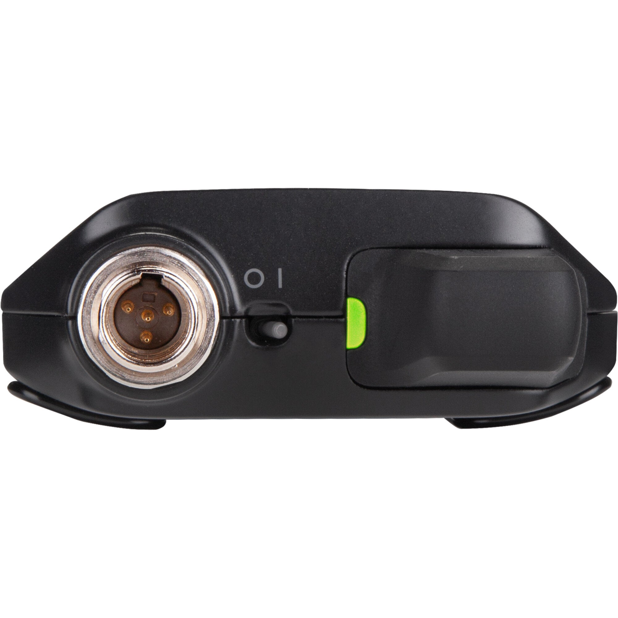 Czarne urządzenie ze złączem, przełącznikiem i zieloną diodą LED.