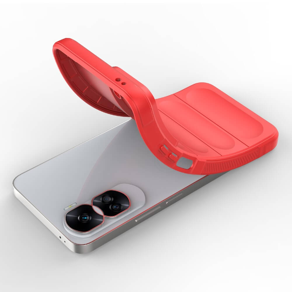 Coque de téléphone rouge se pliant sur un smartphone argenté à deux caméras.