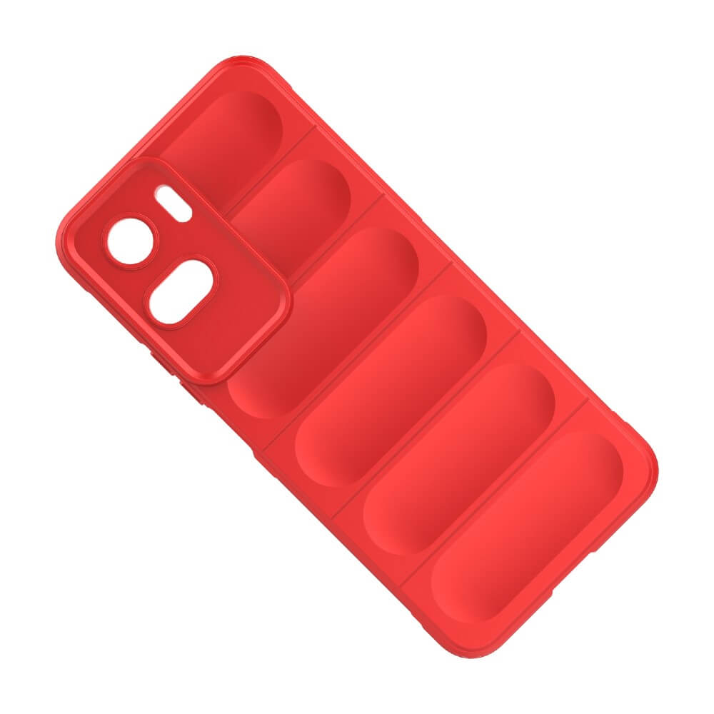 Coque de téléphone rouge avec découpes pour appareil photo et boutons.
