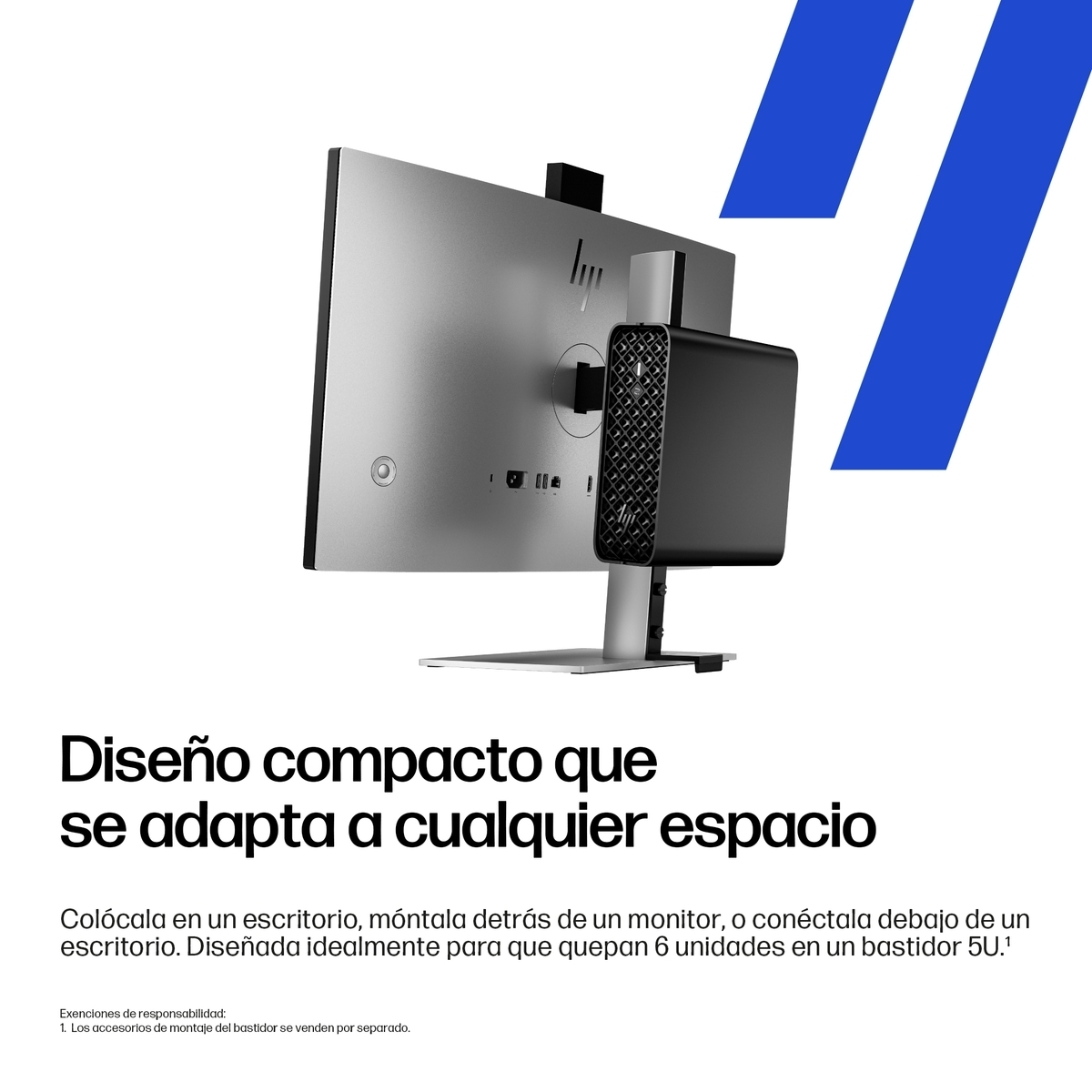 Un PC compacto montado detrás de un monitor plateado. Líneas azules al fondo.