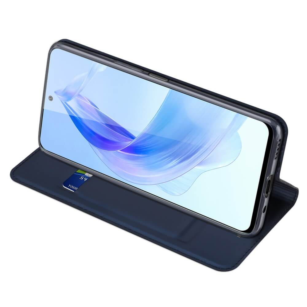 Étui bleu marine pour téléphone à clapet tenant un smartphone avec graphiques bleus.