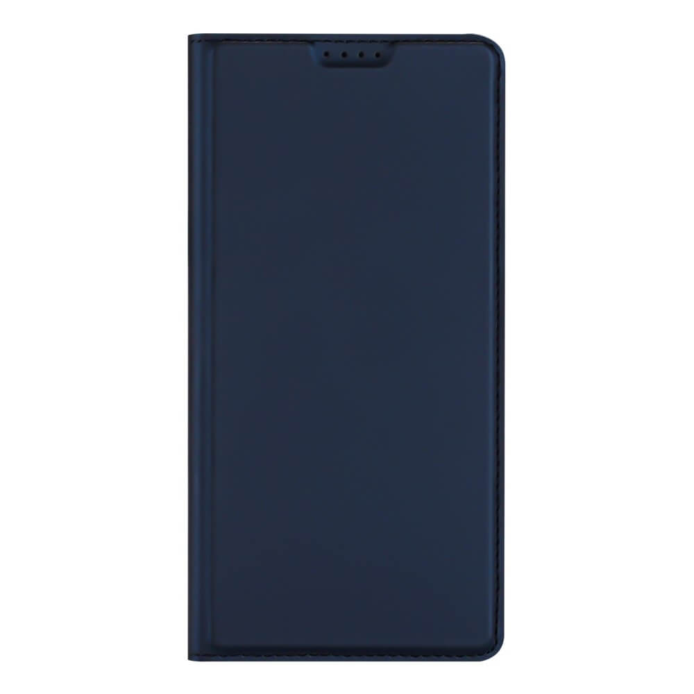 Étui de téléphone bleu foncé avec rabat fermé et quatre petits trous en haut.