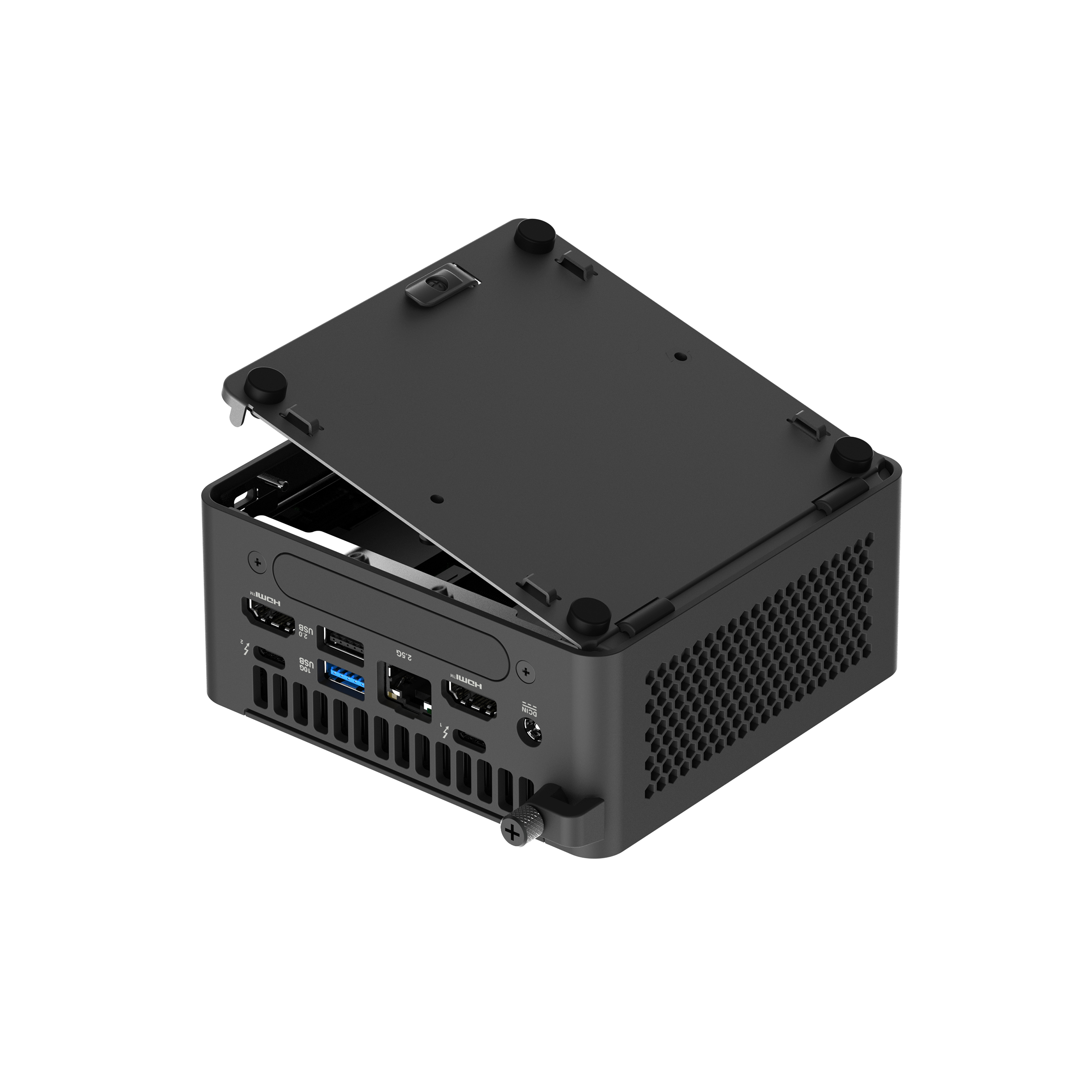 Ein schwarzer Mini-PC mit offenem Gehäuse und sichtbaren Anschlüssen.