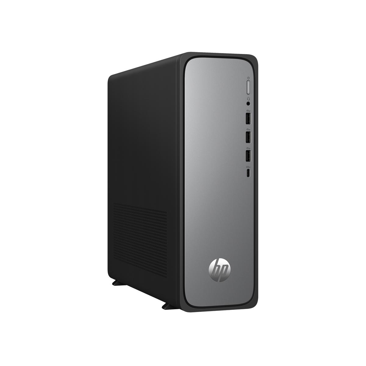 Un PC torre HP negro con panel frontal plateado y puertos.