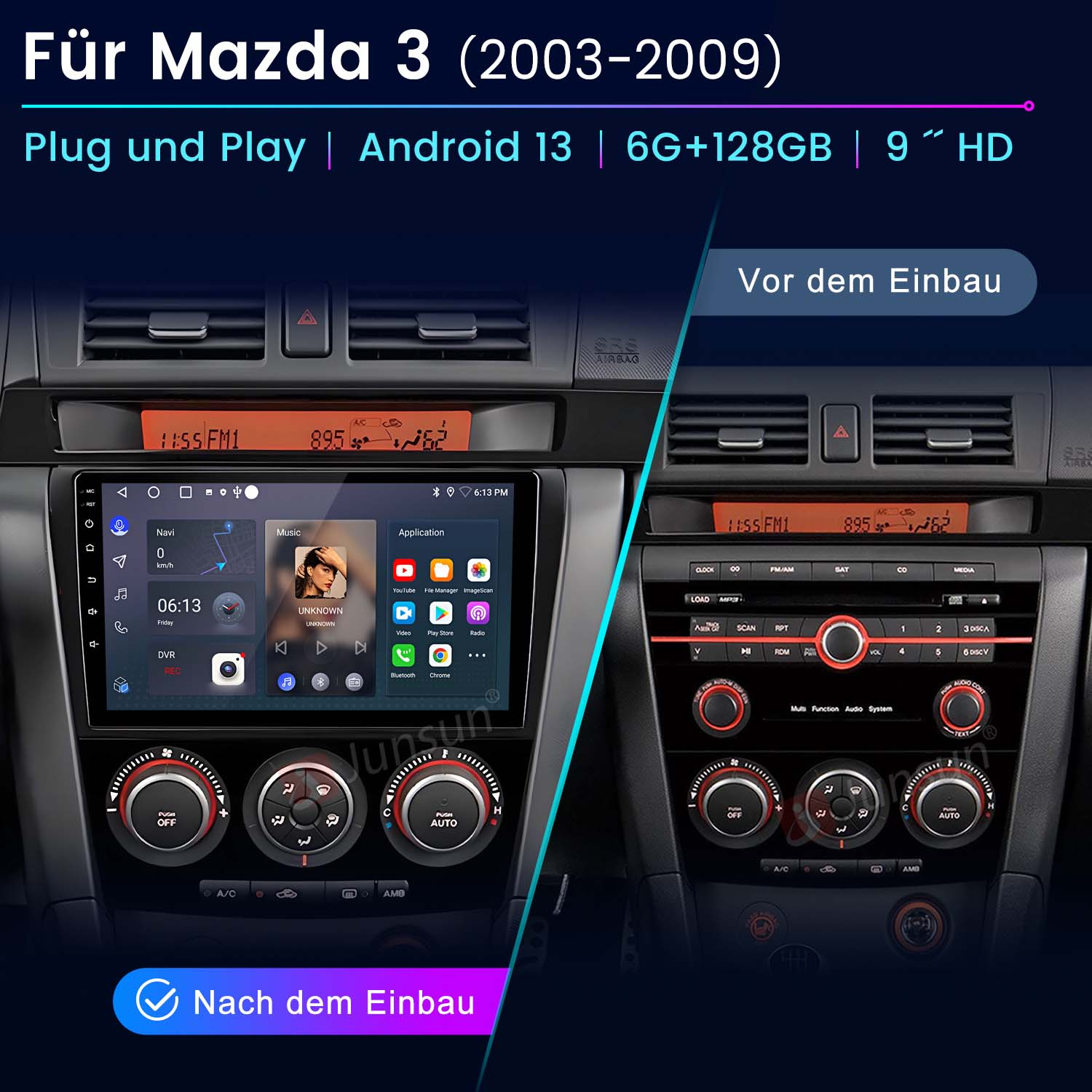 Vergleich eines Mazda 3 Autoradios vor und nach dem Einbau eines neuen Touchscreens.