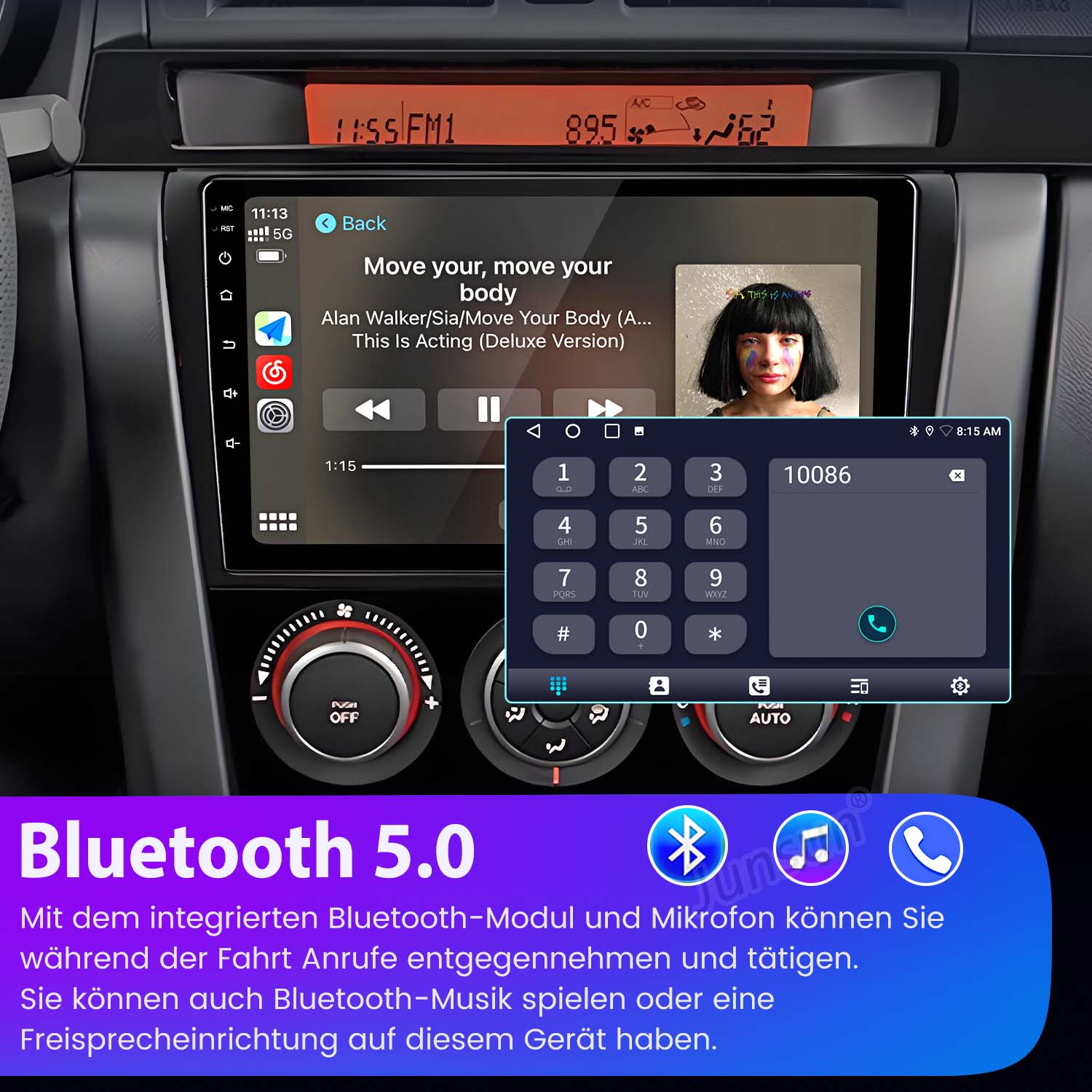 Auto-Infotainmentsystem mit Musiktitel und Ziffernblock auf dem Bildschirm.