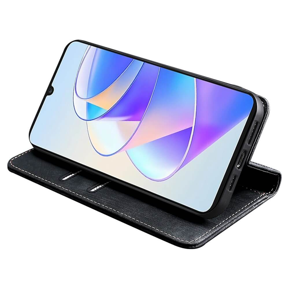 Un smartphone noir dans un étui ouvert affichant un fond d'écran coloré.