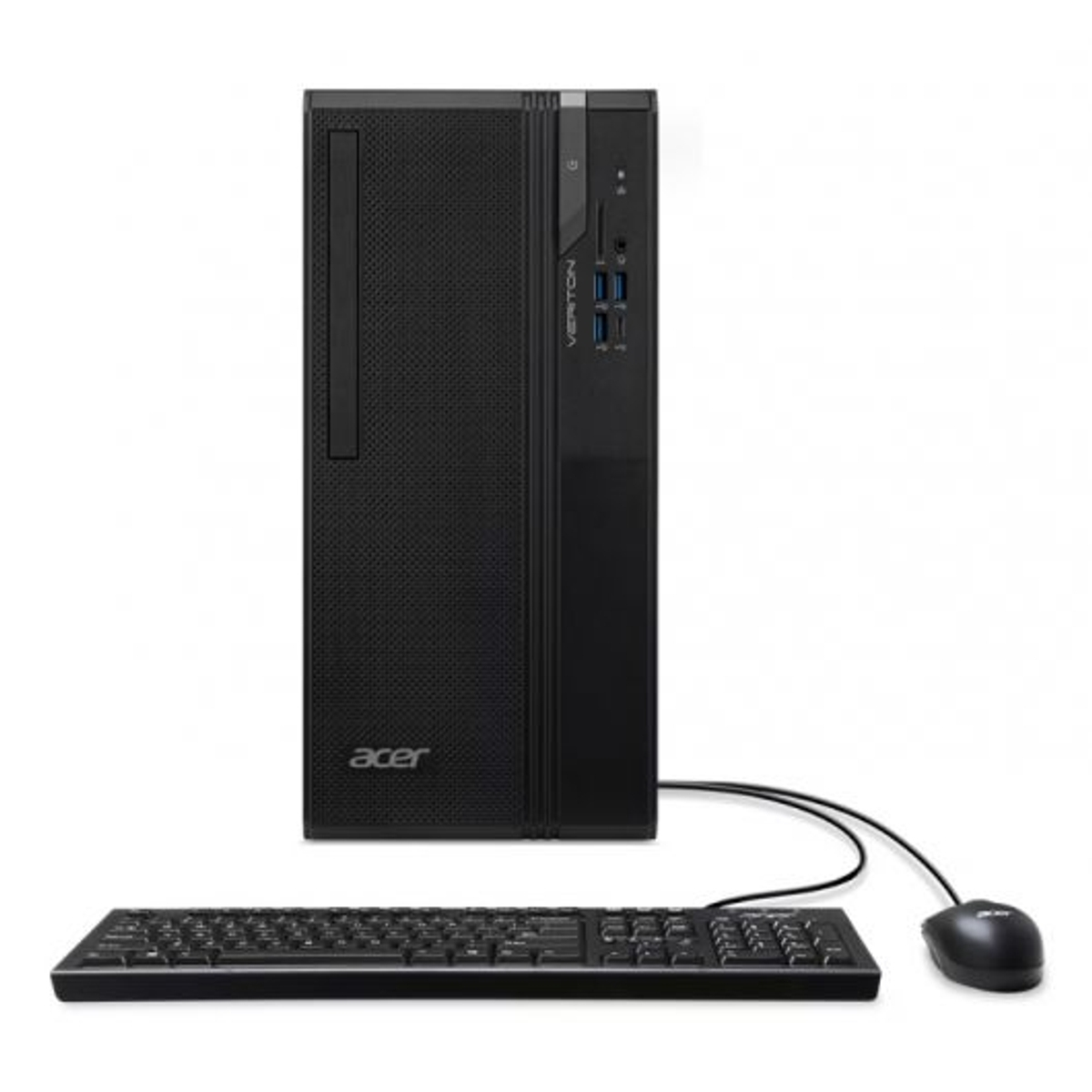 PC Acer Veriton negro, teclado y ratón sobre fondo blanco.