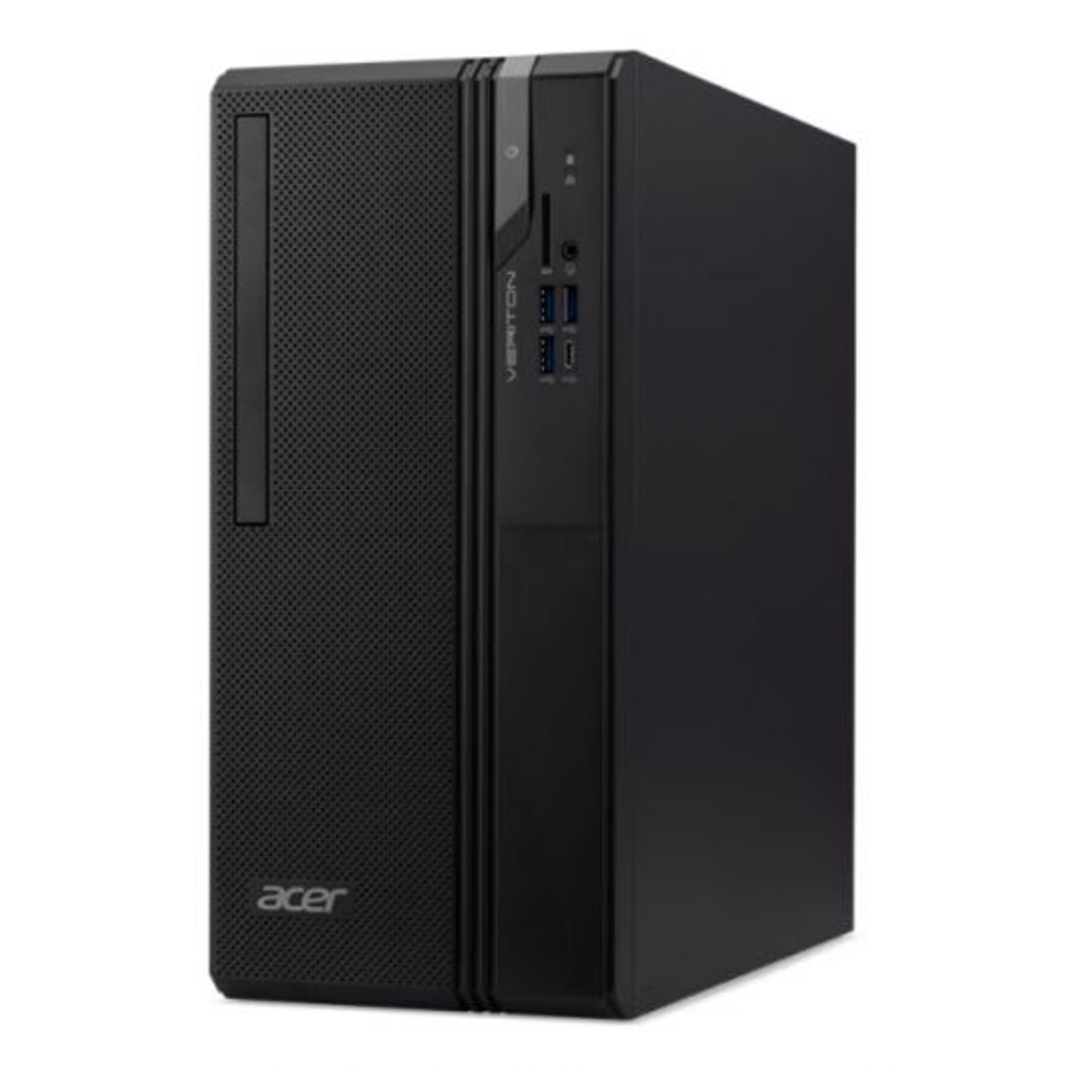 Una torre de ordenador de sobremesa Acer Veriton negra con puertos USB y lector de tarjetas frontal.