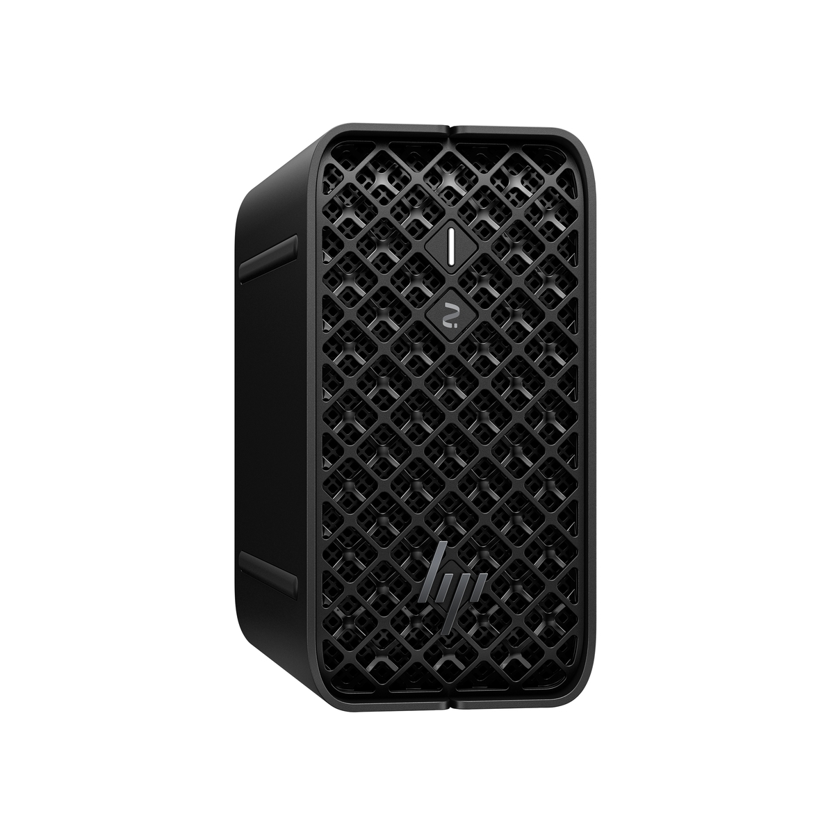 Torre de ordenador negra con frontal de patrón de rejilla y logo HP.