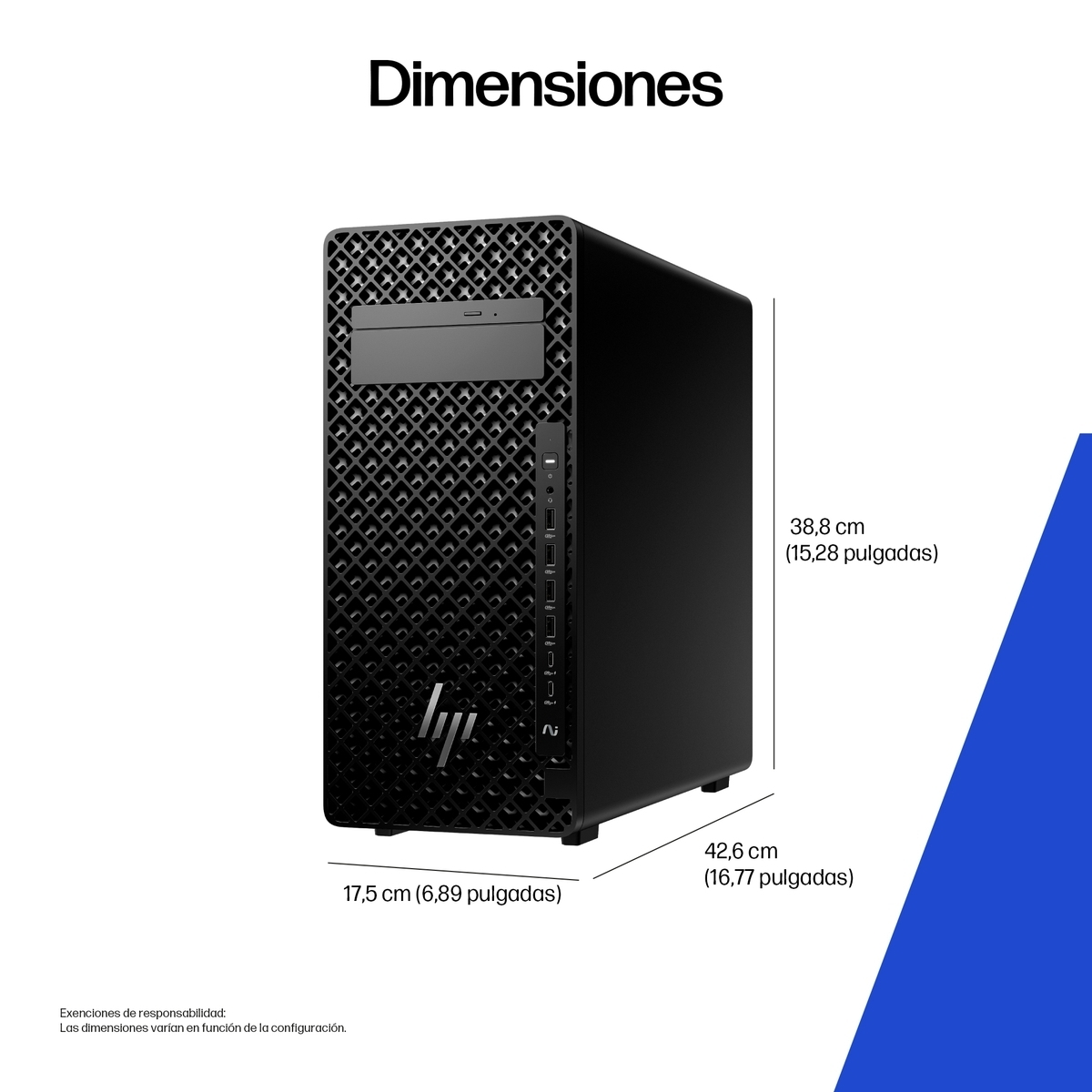 PC tower HP nero con dimensioni: 38,8cm A, 17,5cm L, 42,6cm P.