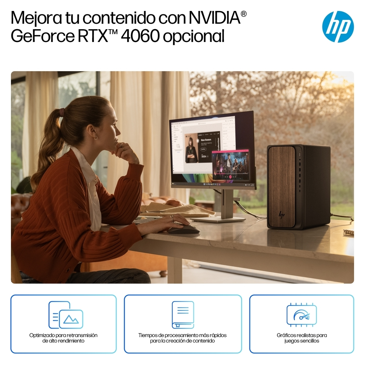 Una donna lavora su un PC HP con NVIDIA RTX 4060. Grafici evidenziano i vantaggi.