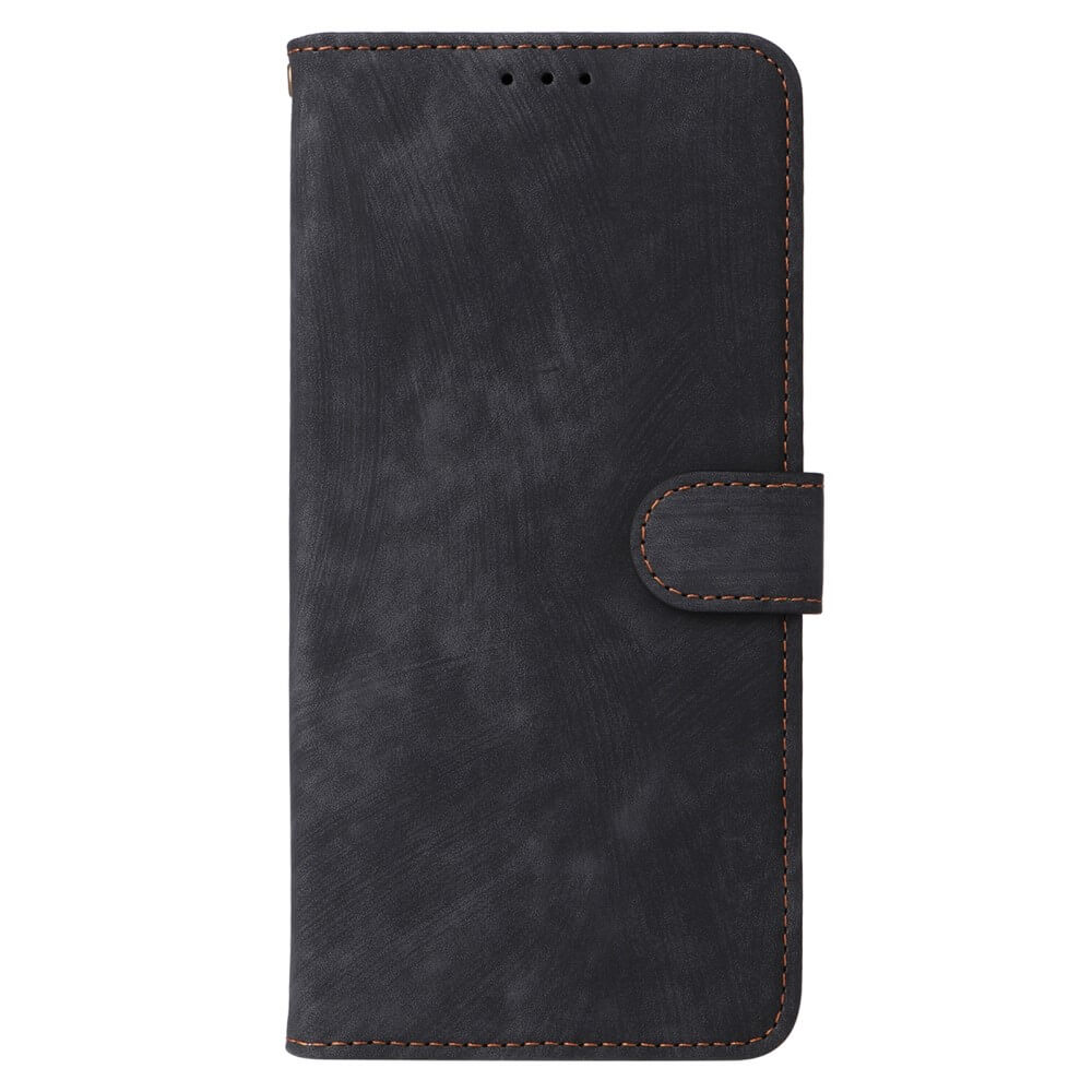Étui de téléphone rabattable gris foncé avec surpiqûres marron et fermoir.