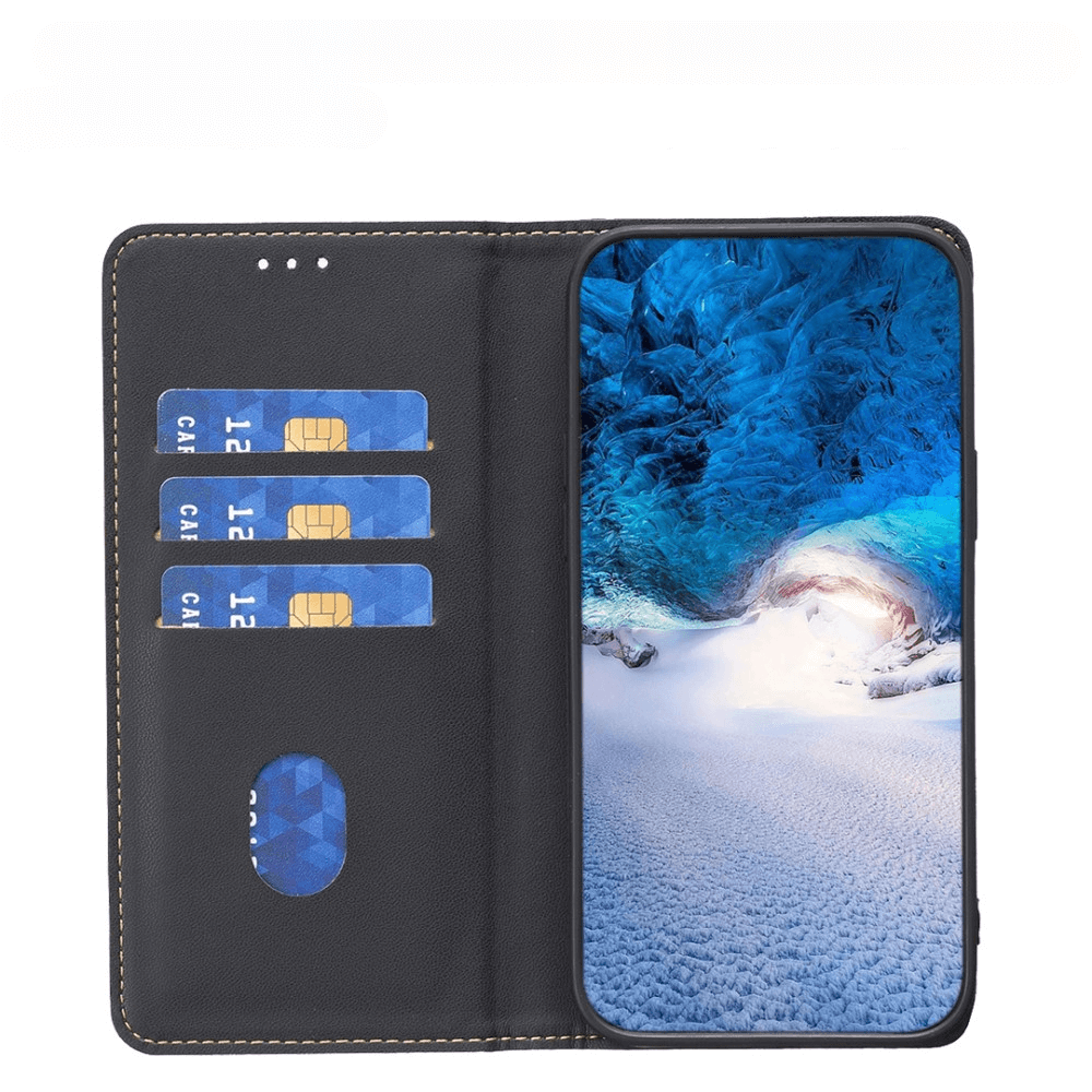 Étui à rabat noir pour téléphone avec trois fentes pour cartes et fond bleu glacé.