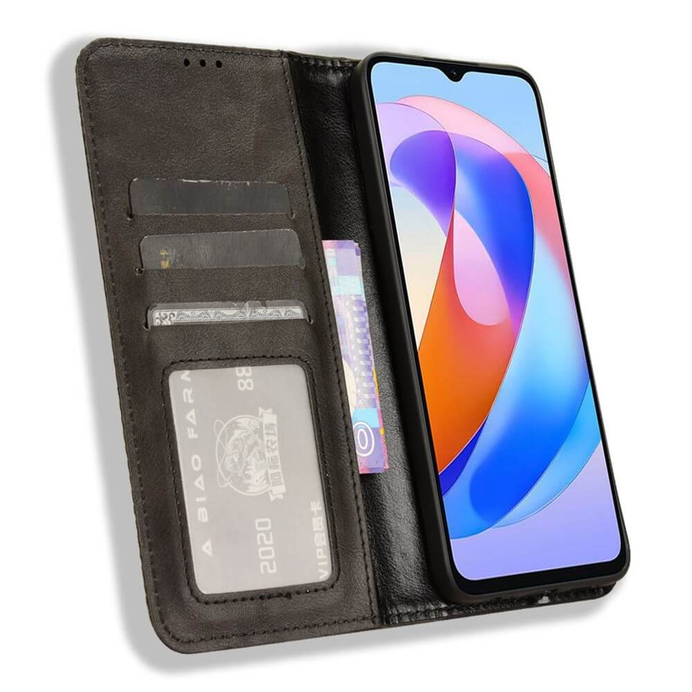 Portefeuille de téléphone noir avec smartphone et fentes pour cartes.