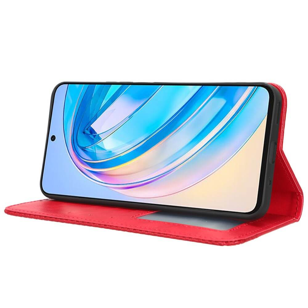 Étui à rabat rouge pour smartphone avec un smartphone affichant un fond bleu.