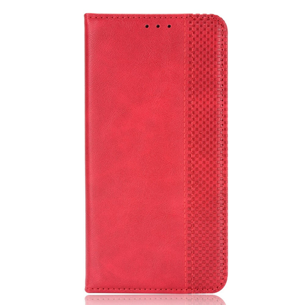 Étui de téléphone rouge avec bordure texturée et trois points.