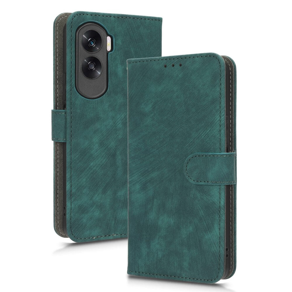Étui de téléphone à rabat en cuir vert foncé avec découpe pour appareil photo.