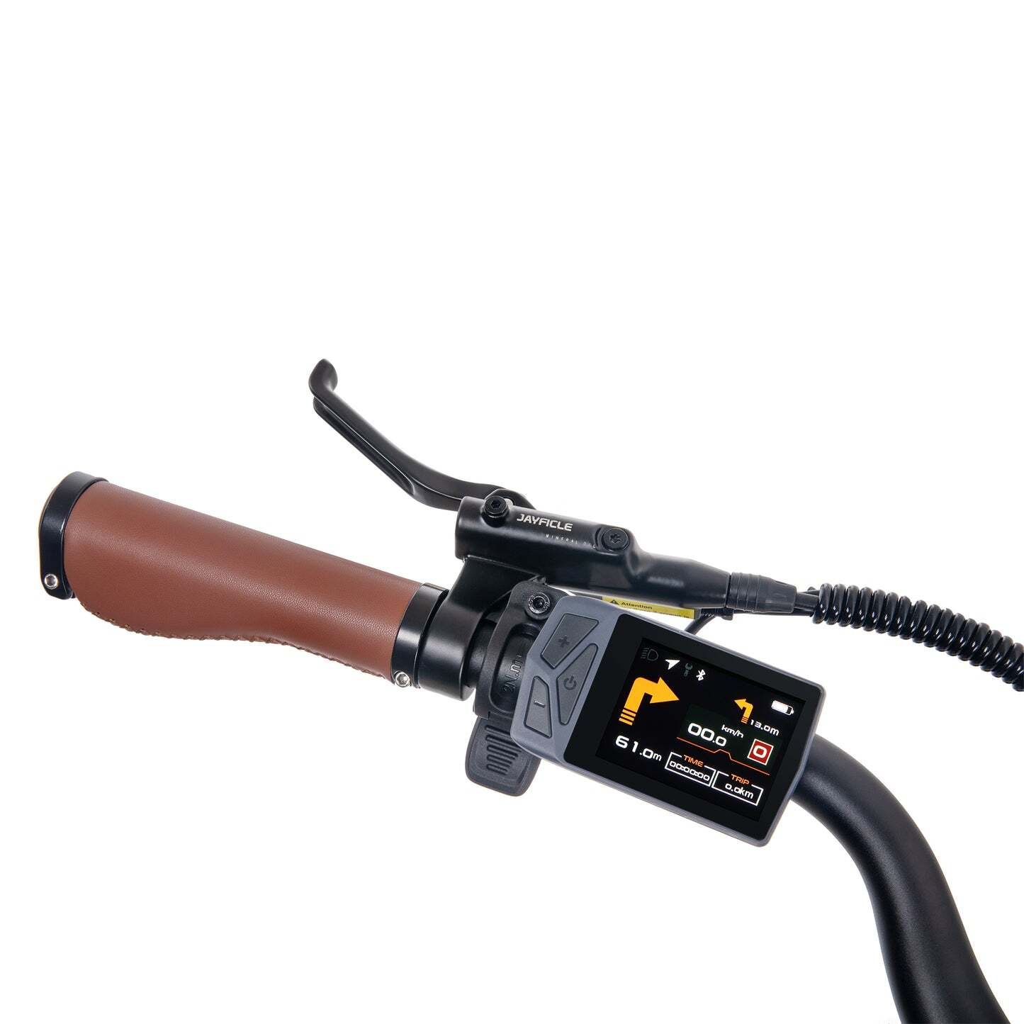 Kierownica roweru elektrycznego z brązowym uchwytem, dźwignią hamulca i wyświetlaczem LCD.