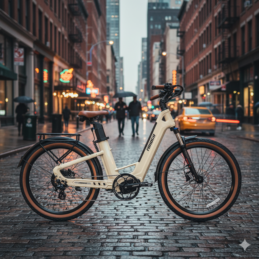 Kremowy rower elektryczny stoi na mokrej, brukowanej ulicy w mieście.