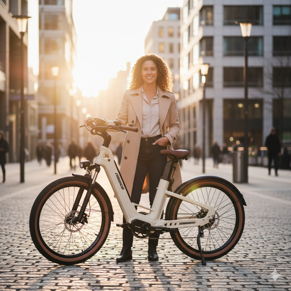 Kobieta z białym rowerem na brukowanej ulicy w mieście o zachodzie słońca.