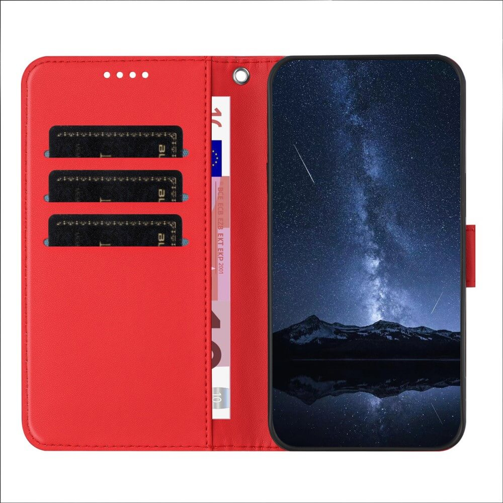 Étui de téléphone rouge avec fentes pour cartes et écran nuit étoilée.