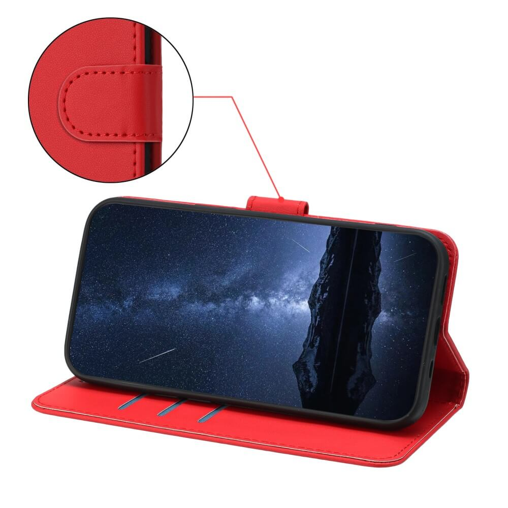 Étui portefeuille rouge pour téléphone avec écran ciel étoilé et gros plan du fermoir.