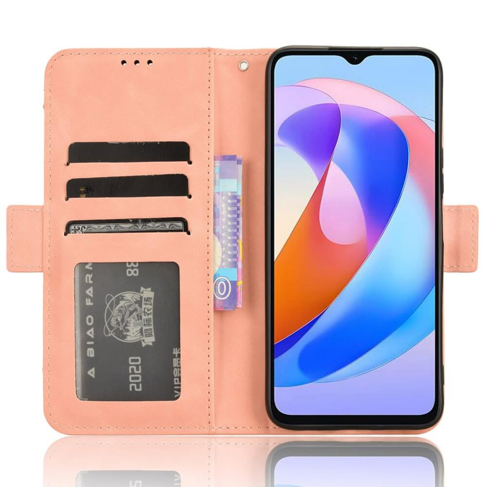 Un étui de téléphone rose avec fentes pour cartes et un smartphone à écran coloré.