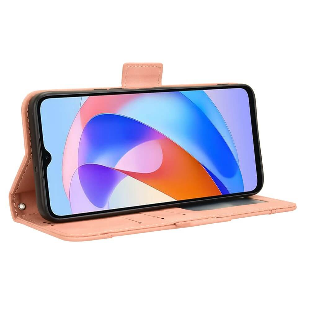 Un étui de téléphone rose tenant un smartphone affichant un fond coloré. Fond blanc.