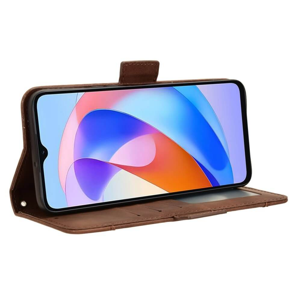 Un étui à rabat en cuir marron pour smartphone affichant un fond d'écran coloré.
