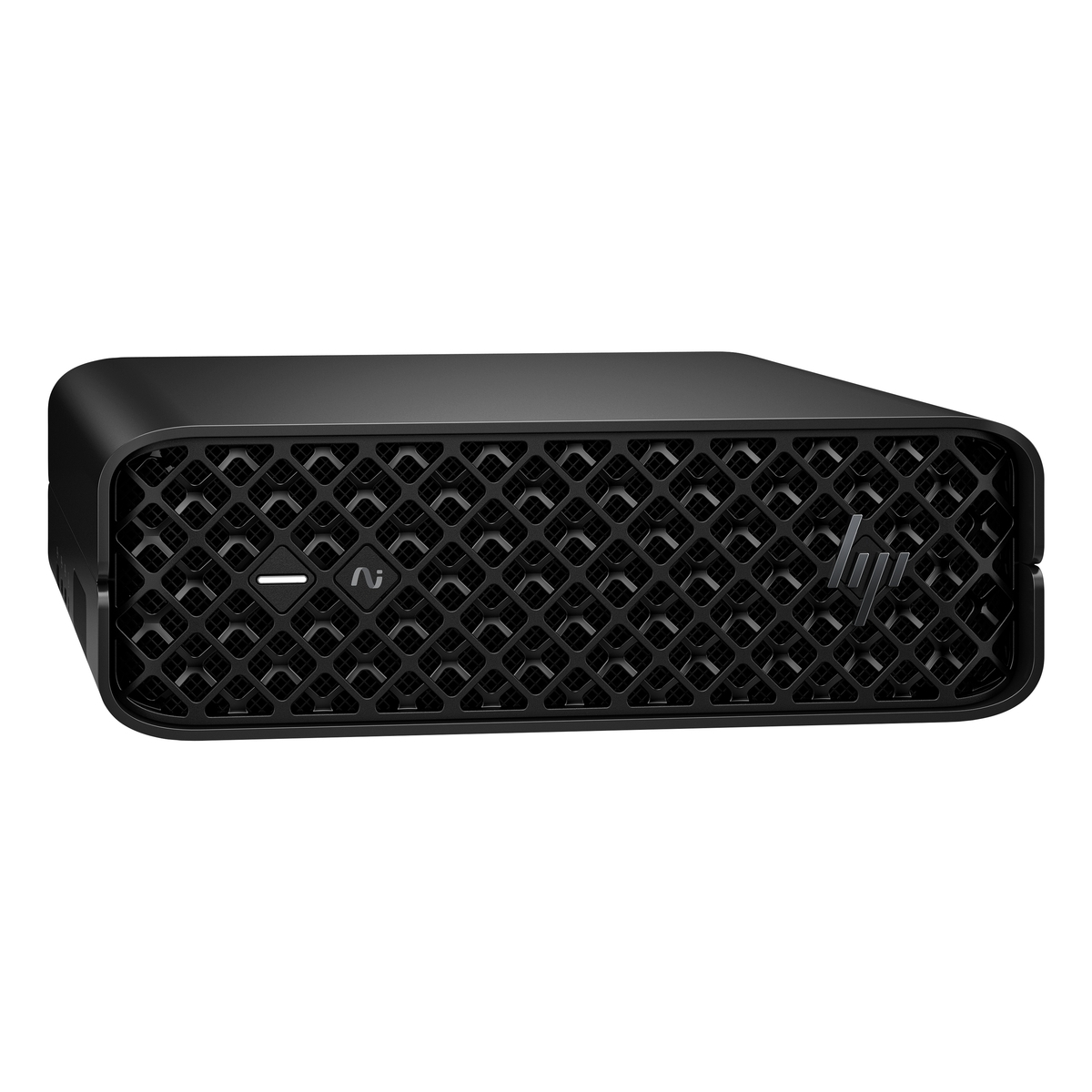 Un mini PC desktop HP nero con pannello frontale testurizzato e logo HP argentato.