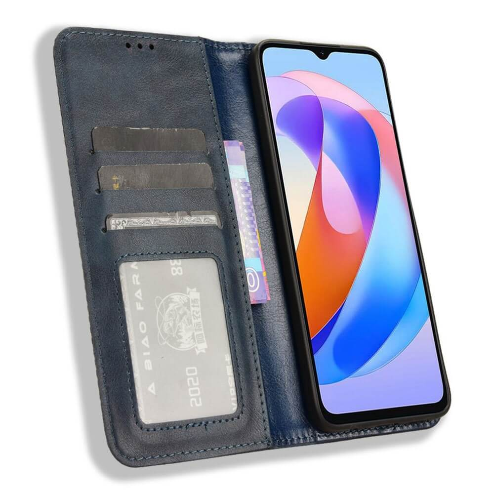Un étui portefeuille bleu à rabat avec un smartphone sur le côté droit.