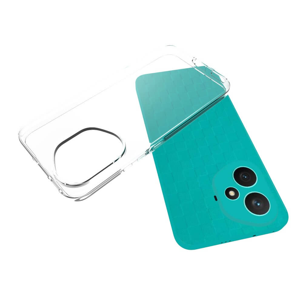 Une coque de téléphone transparente sur un téléphone turquoise avec des caméras.