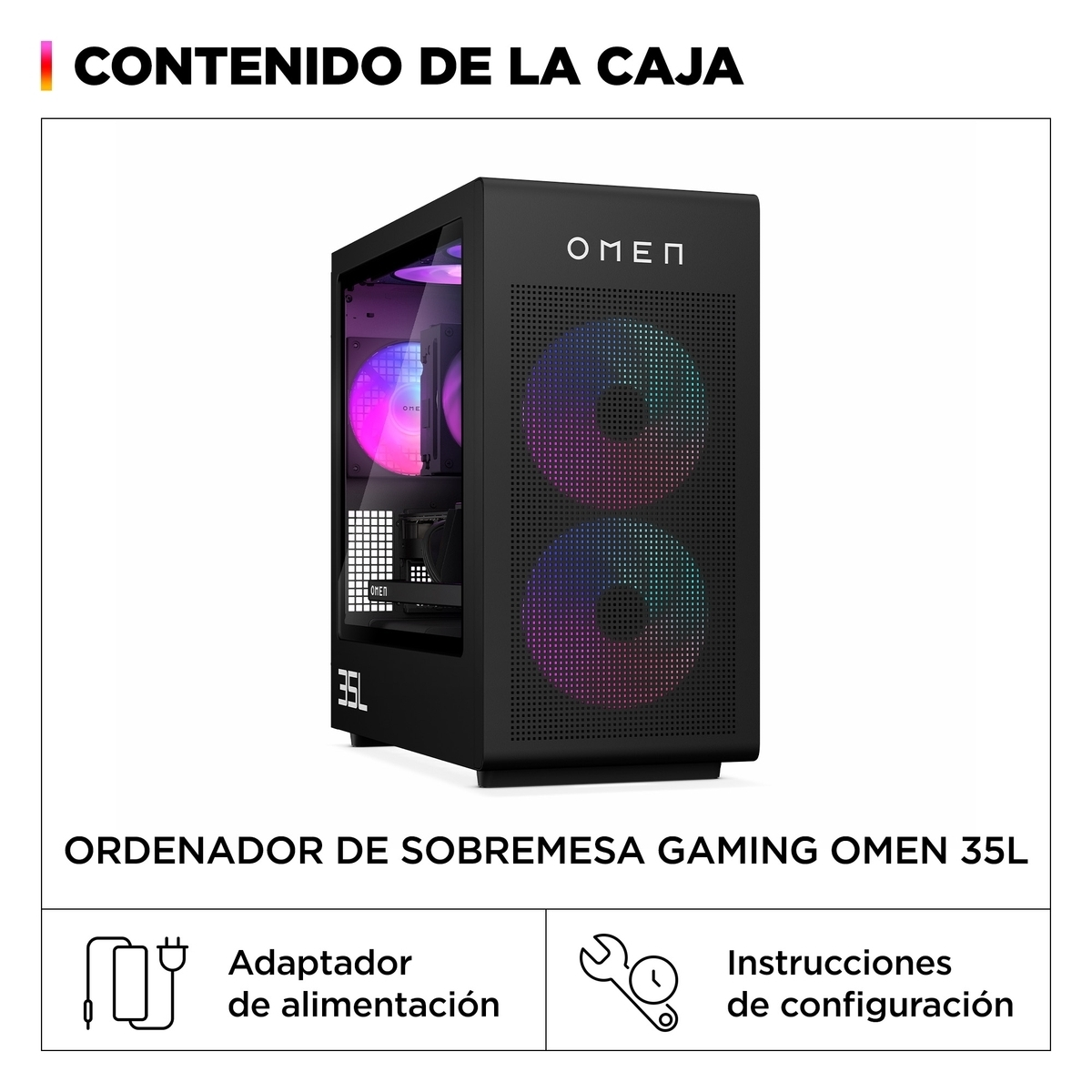 PC gaming OMEN nero con ventole RGB e finestra laterale. Include adattatore e istruzioni.