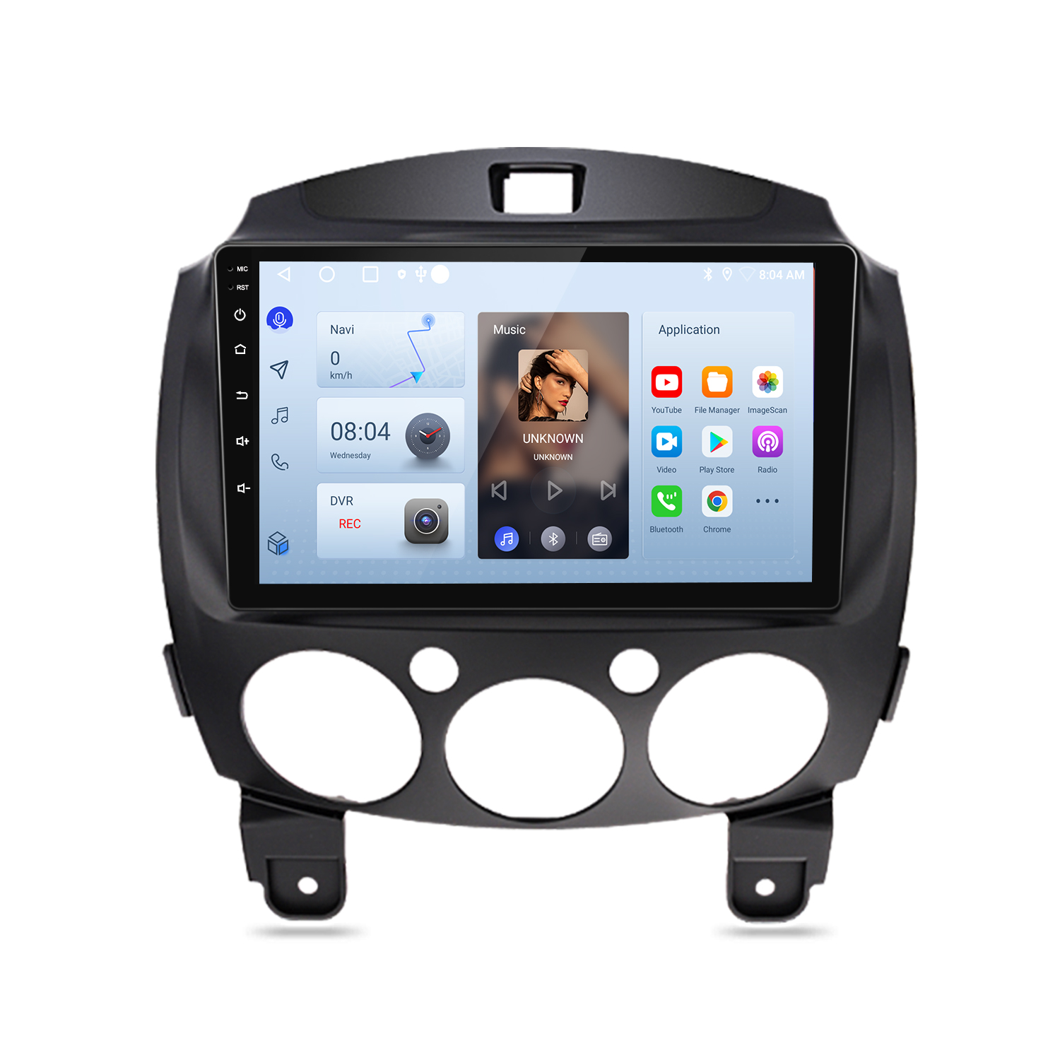 Ein Auto-Infotainmentsystem mit Touchscreen zeigt Navigation, Musik und Apps an.