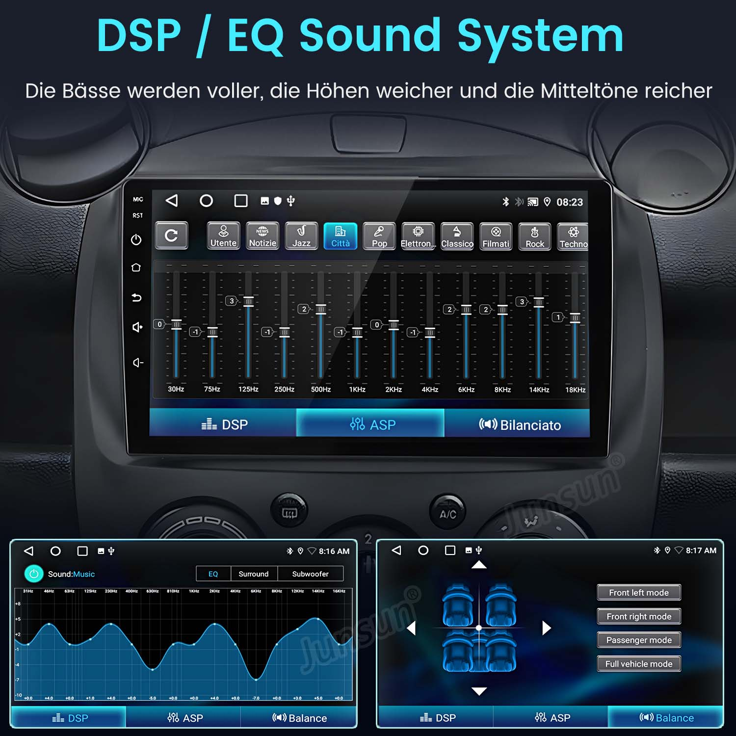 Ein Auto-Infotainmentsystem mit EQ- und DSP-Einstellungen, Frequenzbändern und Lautsprechermodi.