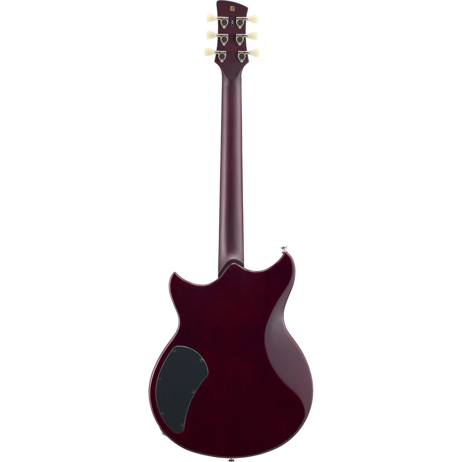 Back view of a dark red electric guitar with six strings and a black pickguard.