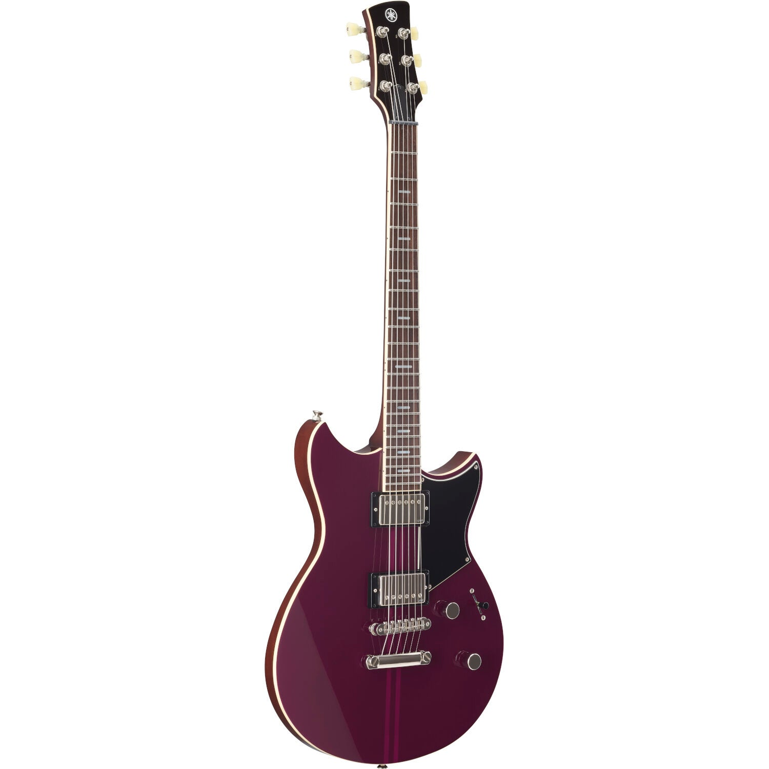 A purple electric guitar with chrome hardware and a black pickguard is shown in profile.