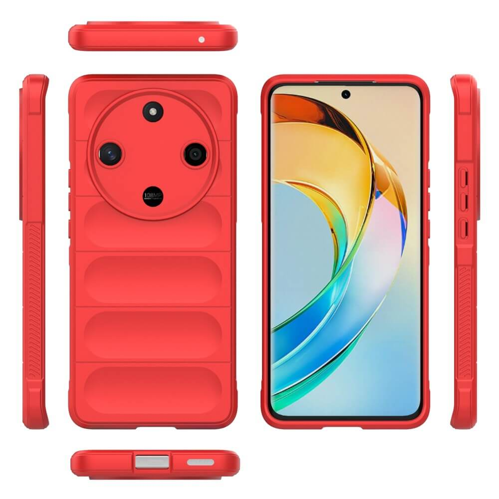 Coque de téléphone rouge avec ouverture caméra et écran de smartphone.