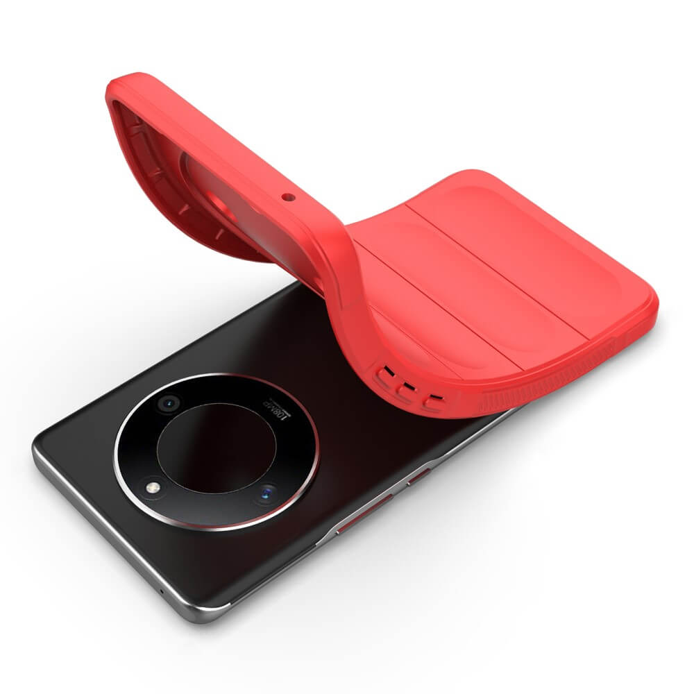 Coque de téléphone rouge sur un smartphone noir avec objectif.