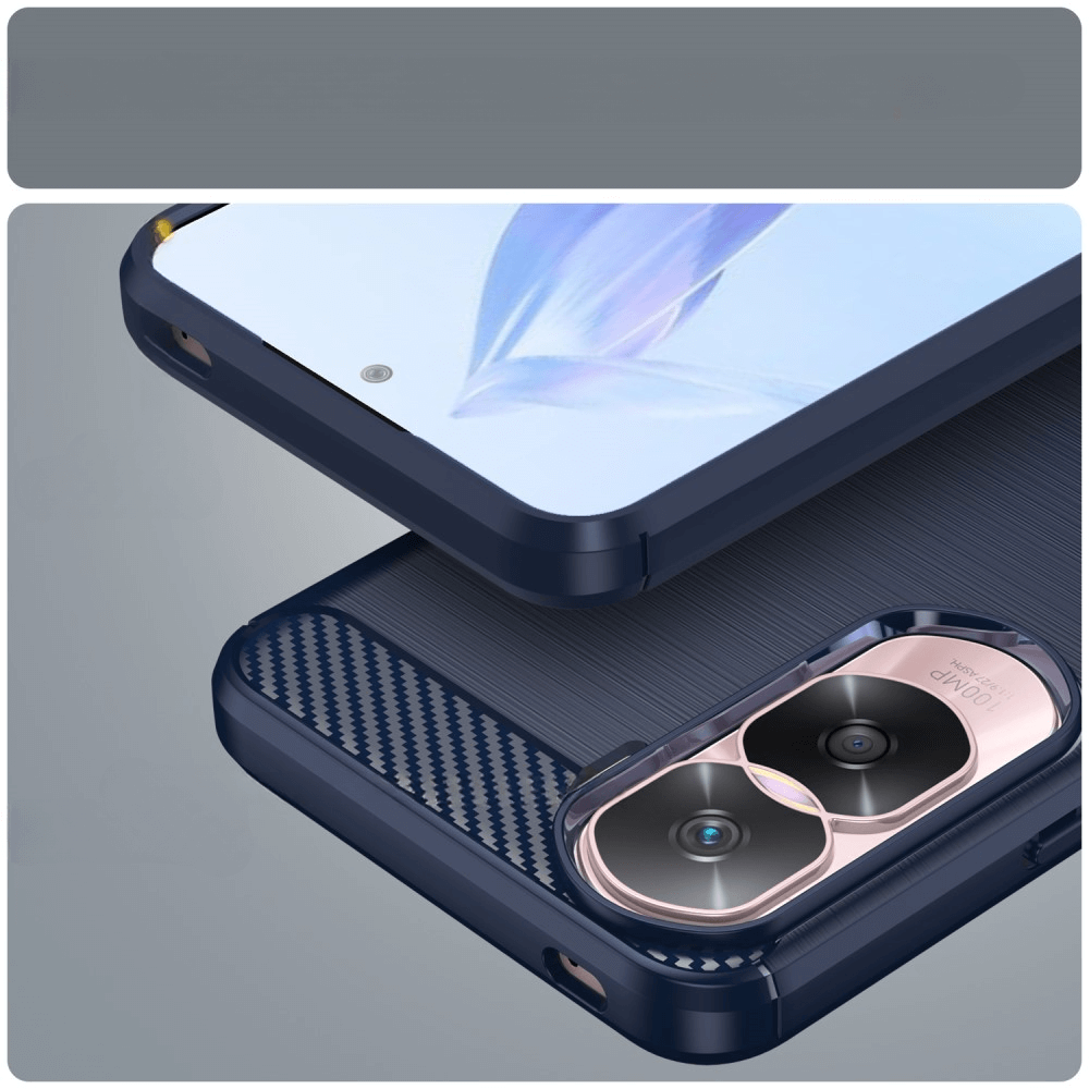 Téléphone bleu foncé avec réseau de caméras et accents carbone.